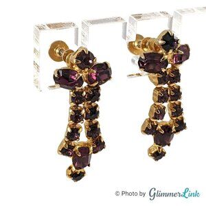 Vintage Purple Rhinestone Screw Back Dangle Earrings Gold Tone Art Deco Style